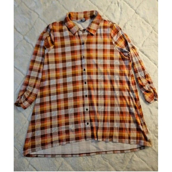 Kim Rogers Tunic Button Up Shirt Women's XL Plaid Long Ruched Sleeves Comfy EUC - Picture 2 of 8